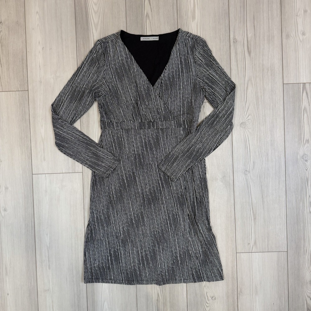 Athleta Wrap it Up Dress in Micro Polka‎ Dot Black White Womens Small 721785